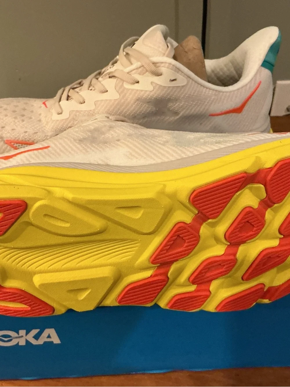 Hoka Men’s Clifton 9 Running Shoes - White with Orange Accents size 10